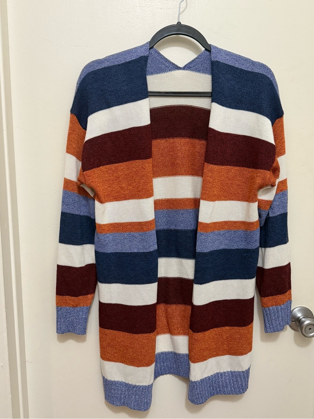 Striped Open Front Cardigan in Navy, Rust, Cream, Light Blue , Burgundy